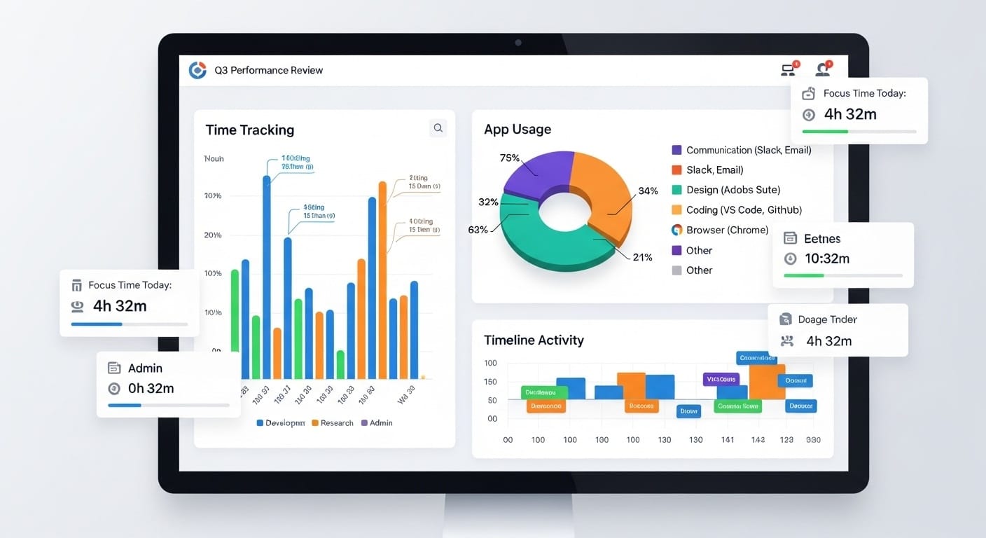 Computer screen showing productivity dashboard with time tracking charts and app usage graphs, data visualization analytics aesthetic