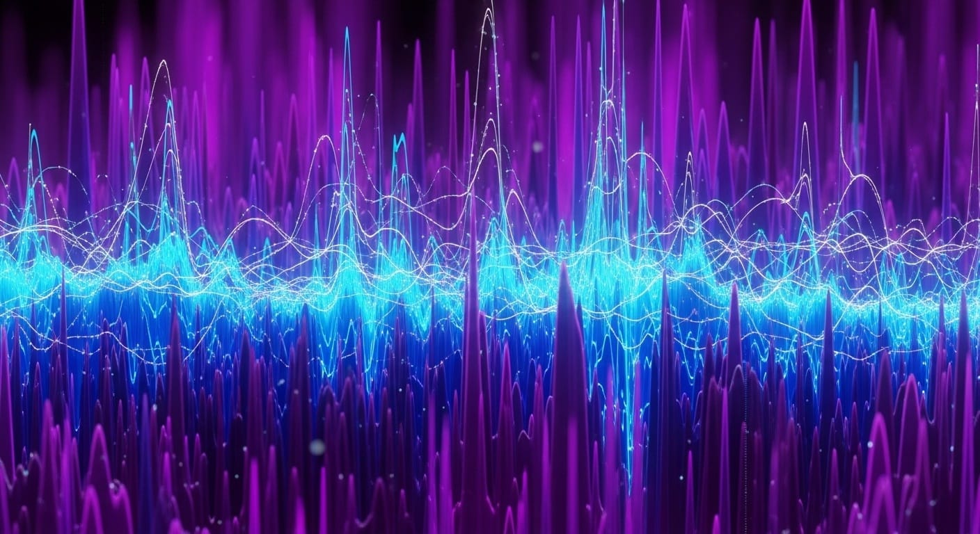 Abstract colorful audio frequency waveform visualization with neural pattern overlay in a scientific music technology aesthetic