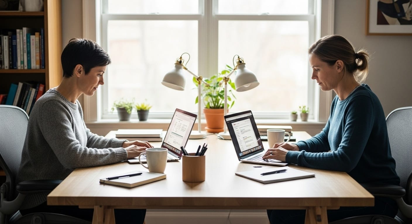 Two people working at a shared desk in a home office, each focused on their own laptop in comfortable parallel working with natural lighting