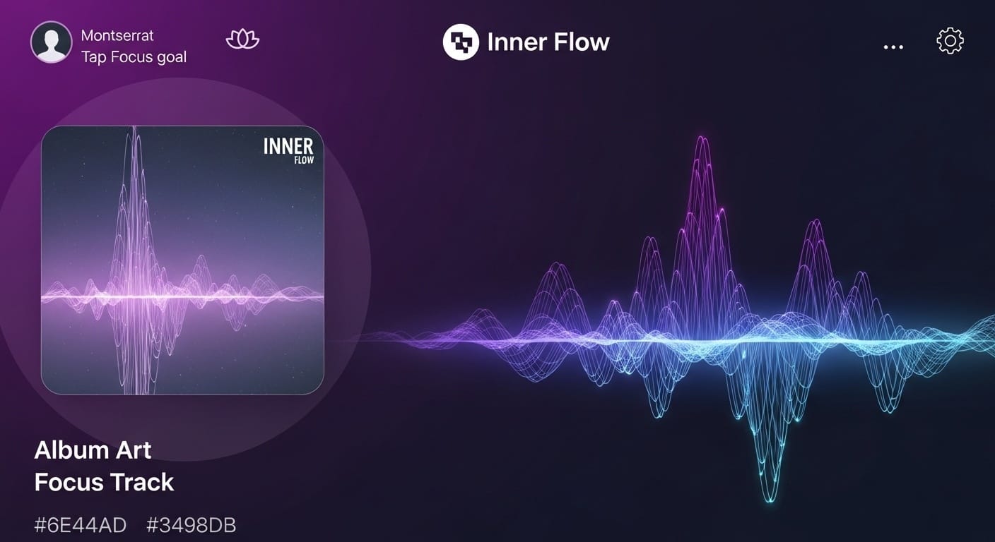 Mobile app interface showing a focus music player with neural waveform visualization in purple and blue gradient with play controls