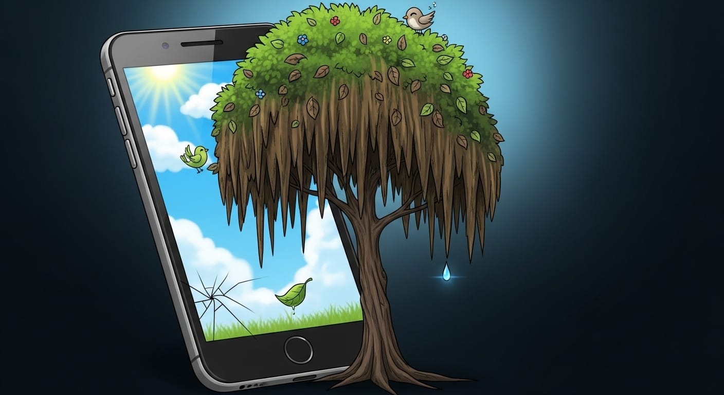 Sad illustrated wilted tree with drooping brown leaves on a phone screen, demonstrating the guilt mechanic in cute but sad app illustration style