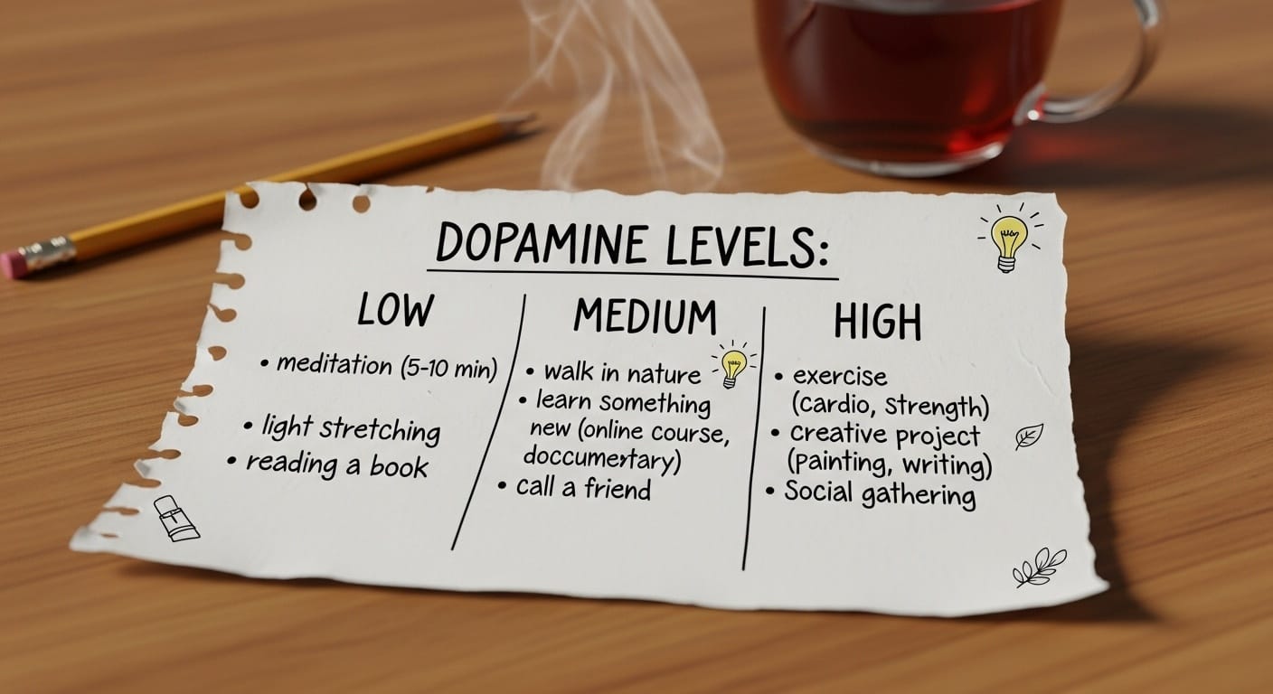 Handwritten list on paper divided into sections labeled with dopamine levels (low, medium, high), with activity suggestions written in each section