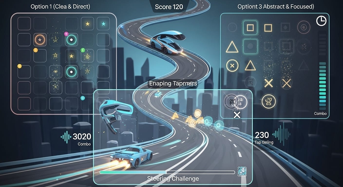 Split-focus game interface showing a steering challenge on one layer and a target-tapping challenge overlaid, demonstrating cognitive training game mechanics