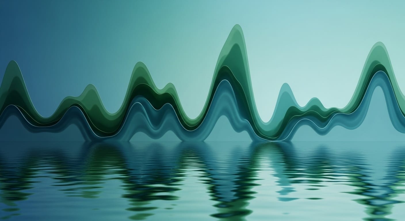 Abstract flowing soundscape visualization with organic shapes adapting and morphing in calming blue and green tones, representing AI-generated music