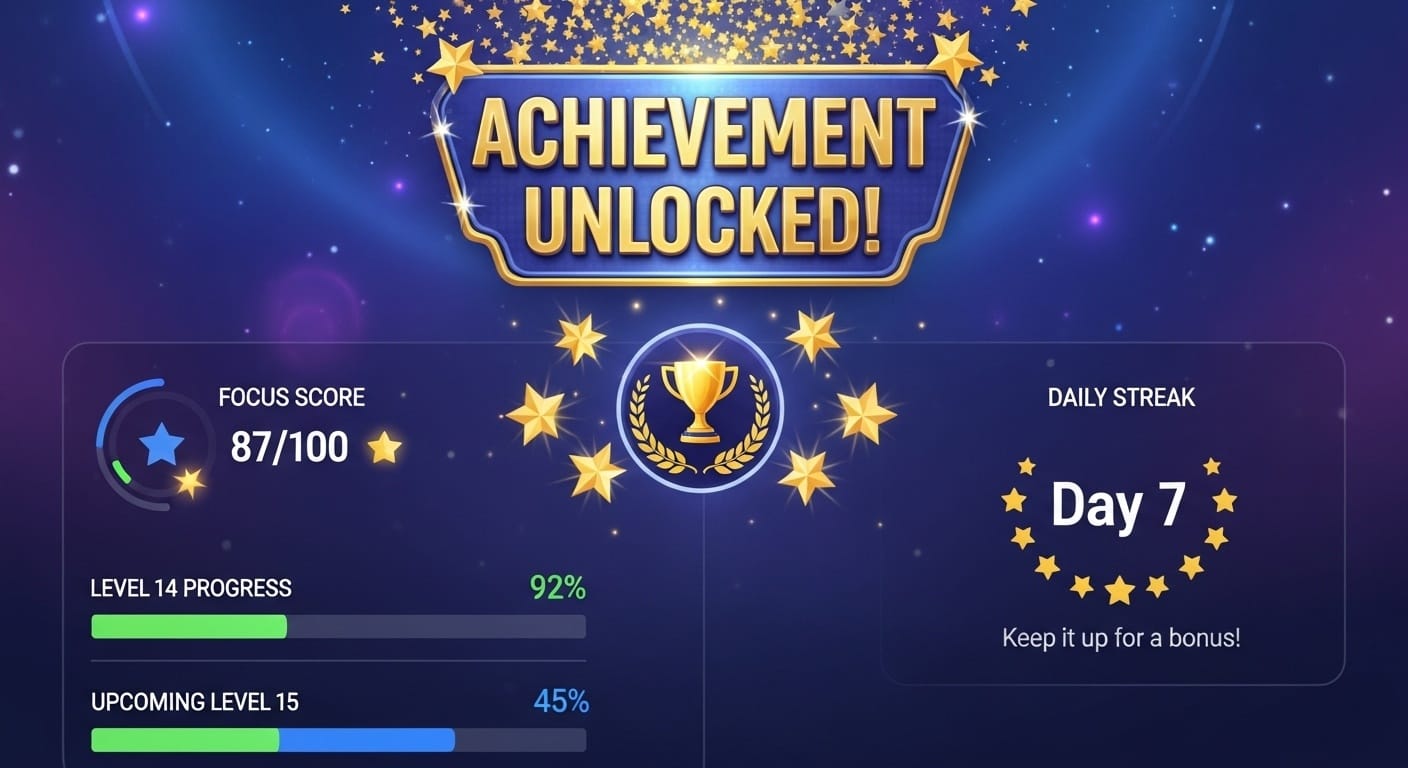 Game achievement screen showing focus score, level progress bars, and daily streak counter in a gamification progress UI aesthetic
