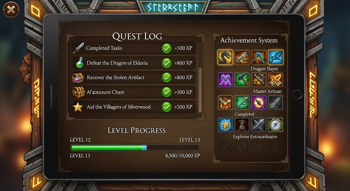 Fantasy-style quest log interface on a tablet screen showing completed tasks with XP rewards and a level progress bar in an RPG game aesthetic