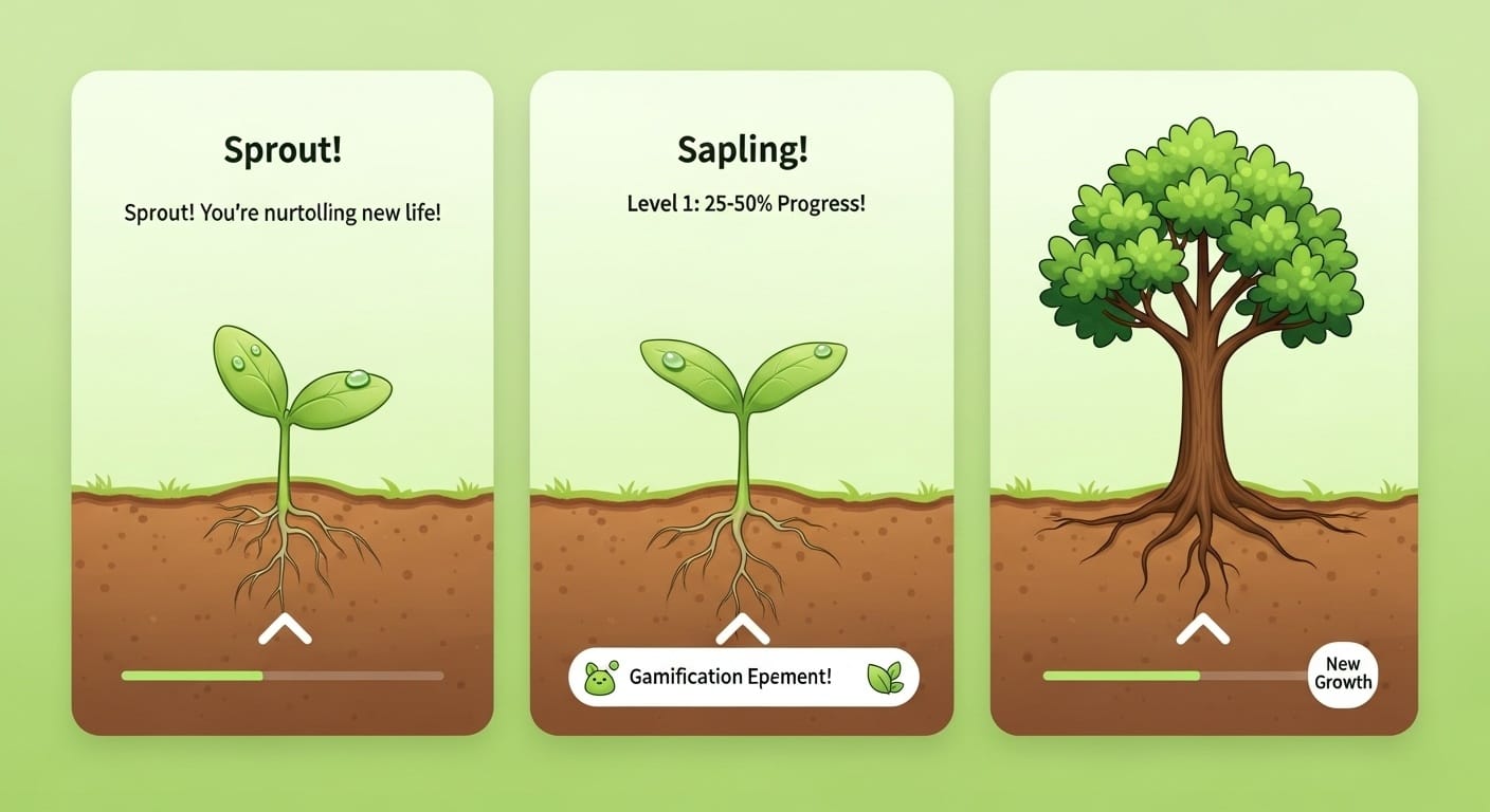 Four-panel progression showing a tree growing from seedling to full tree in a cute illustrated style, demonstrating app gamification progress