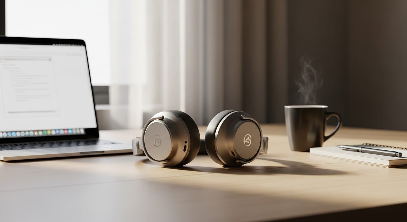 Premium over-ear headphones on a clean desk with laptop, coffee, and notepad in a minimal focus workspace with soft lighting