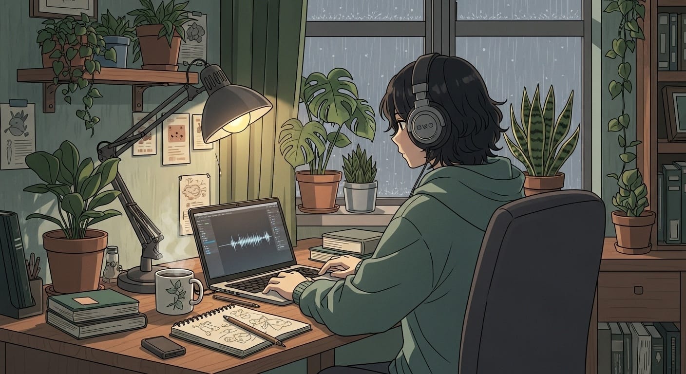 Illustrated-style cozy study scene with person at desk wearing headphones, warm lighting and plants in a lo-fi hip hop relaxed focus aesthetic