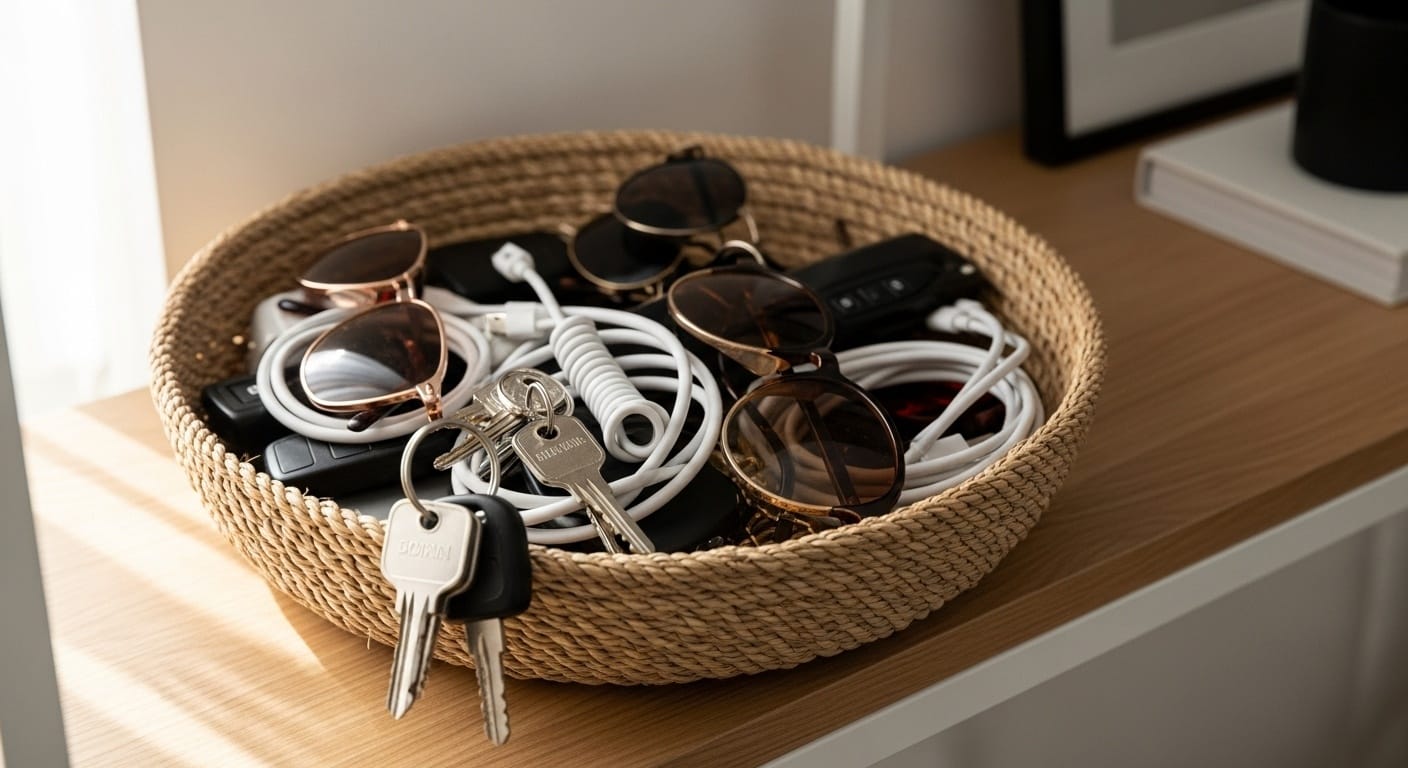 Woven basket on a shelf containing miscellaneous items like keys, chargers, and sunglasses in organized chaos with natural lighting