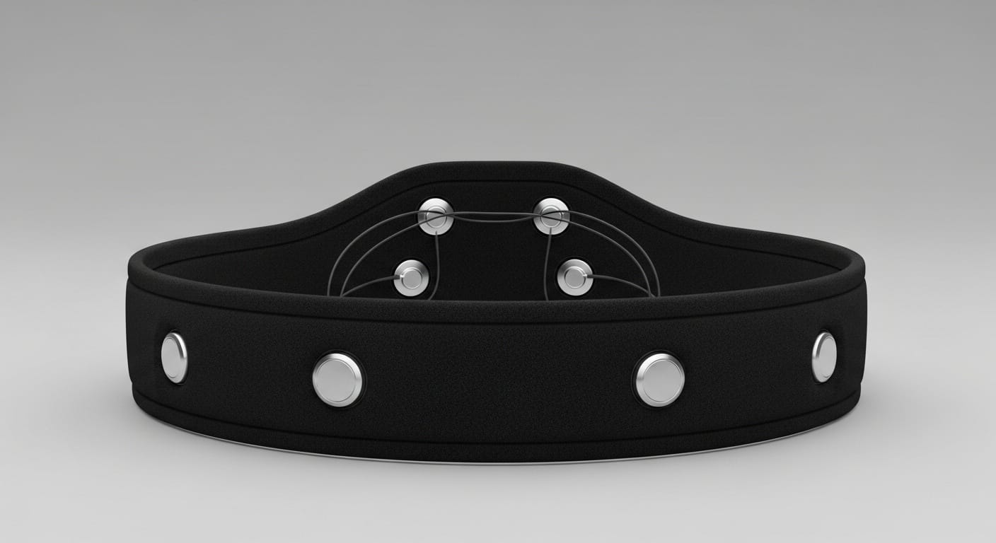Black fabric EEG headband device with sensors visible, sleek wearable neuroscience consumer technology