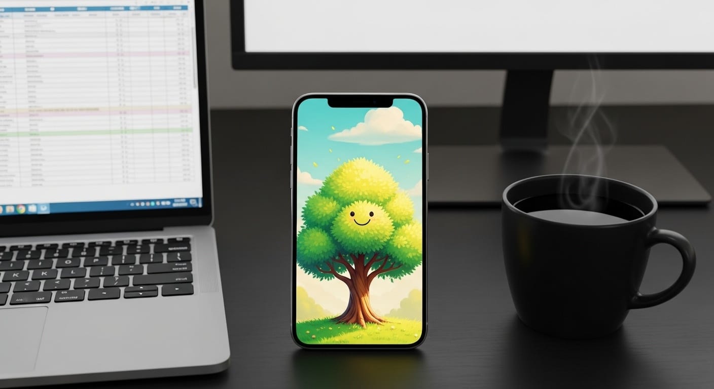 Phone displaying a happy growing tree on screen, placed on a work desk next to a laptop in a focus session in progress aesthetic