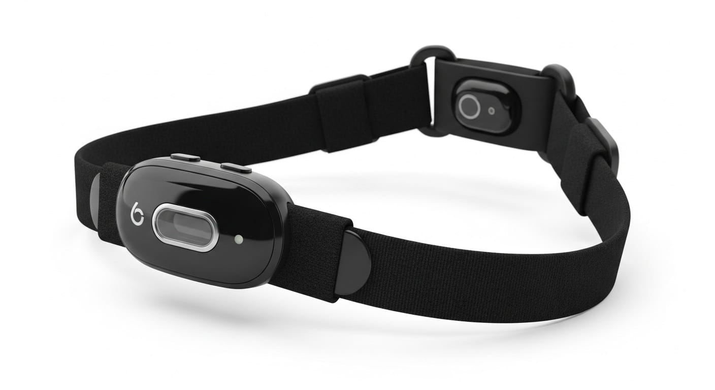 Black chest strap heart rate monitor with sensor pod, athletic wearable fitness tracking device