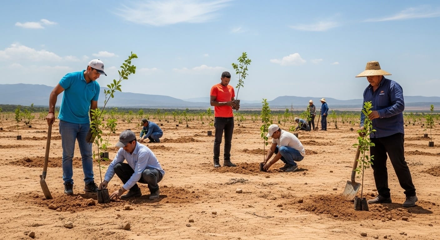 Real trees being planted by workers in an arid landscape, documentary photography of a reforestation project