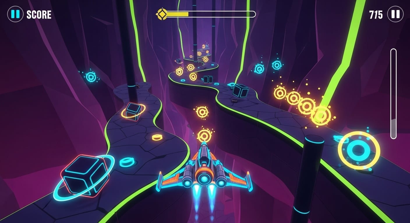 Video game screenshot of a colorful spaceship flying through an abstract canyon, collecting targets and avoiding obstacles in a mobile game aesthetic
