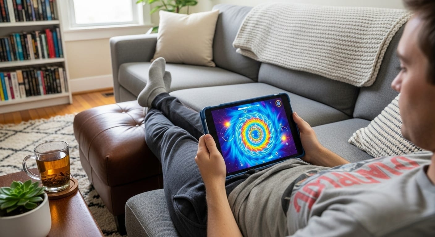 Person relaxing on a couch playing a game on a tablet in a casual home gaming environment, comfortable at-home treatment aesthetic
