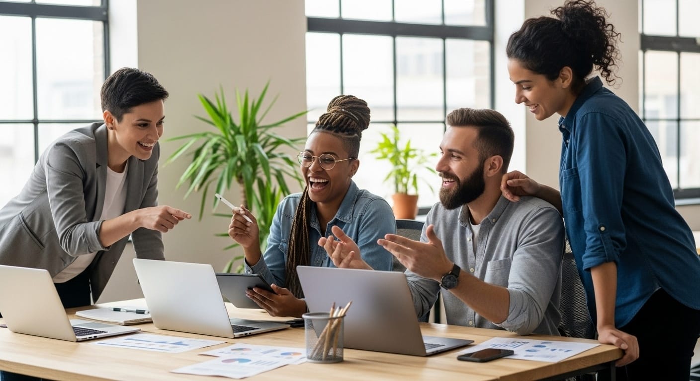 Candid shot of four people laughing while reviewing data on laptops in a bright modern office space, authentic team collaboration