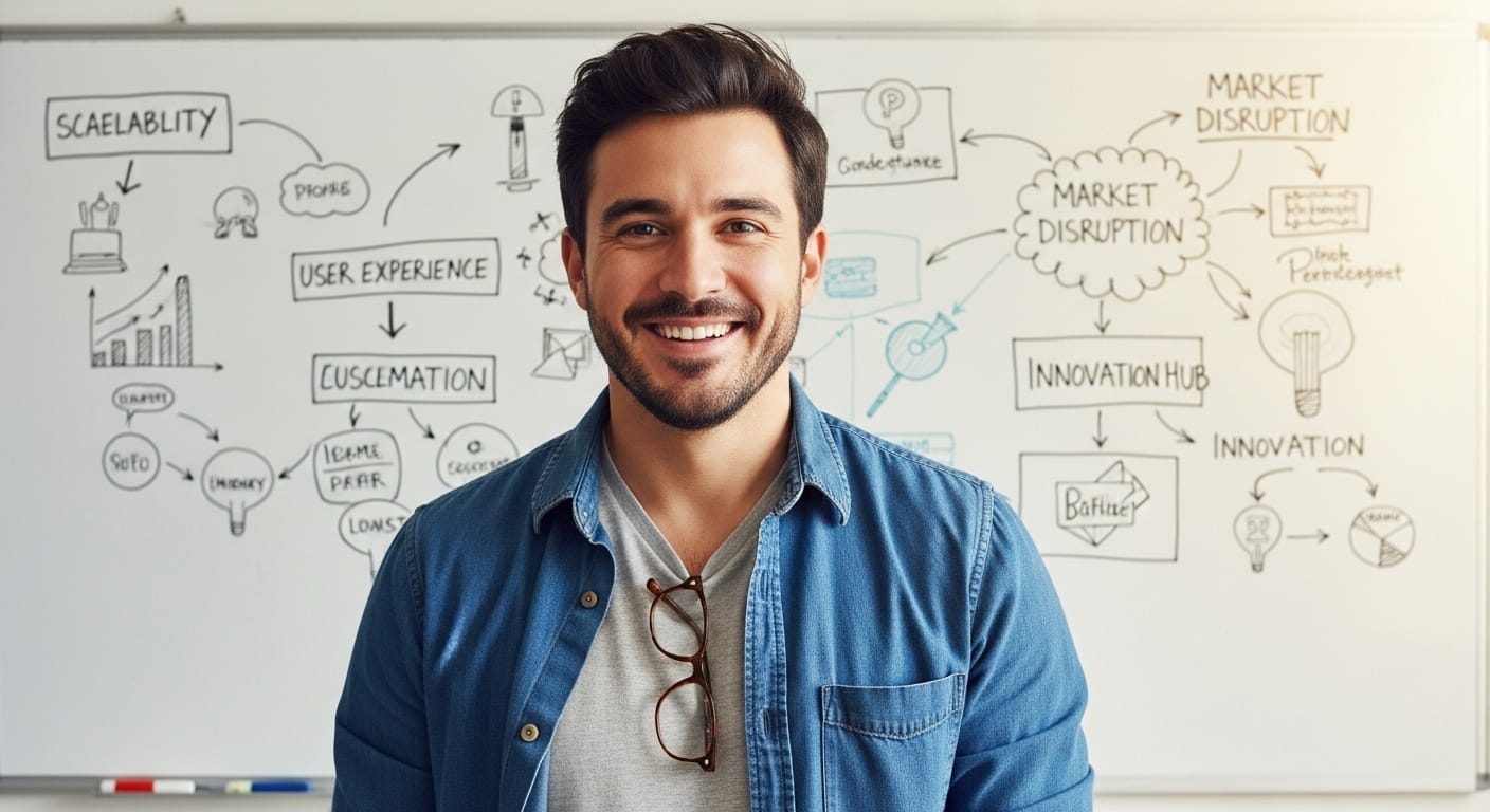 Professional headshot of a creative male entrepreneur in casual clothes with a warm smile, brainstorming ideas on whiteboard behind him in a startup founder aesthetic