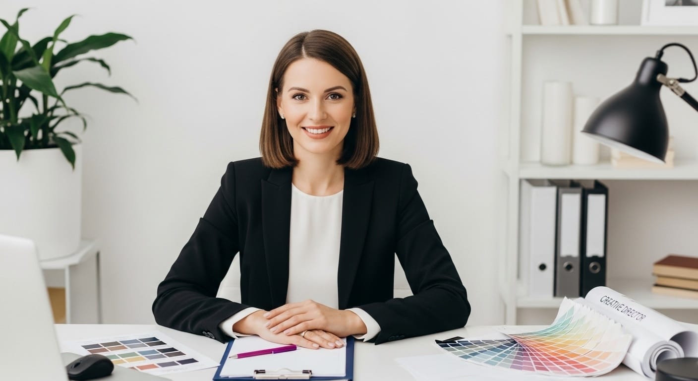 Professional headshot of an organized female professional with elegant style, design materials and color swatches visible in a creative director aesthetic