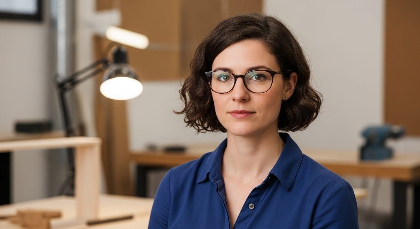 Professional headshot of a thoughtful female craftsperson with calm demeanor, workshop and maker space in the background, builder philosopher aesthetic