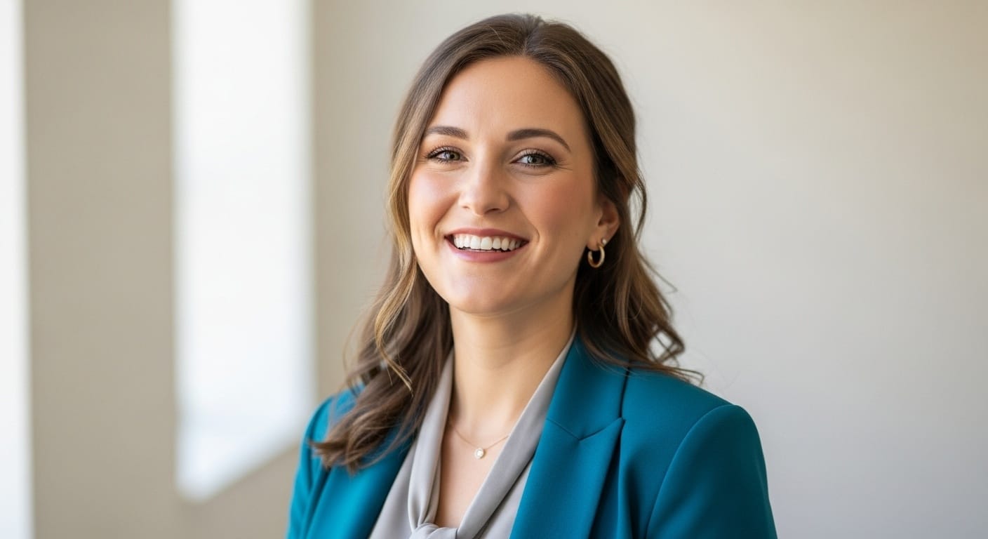 Professional headshot of an enthusiastic female team leader with bright energy in a collaborative team environment, community builder aesthetic