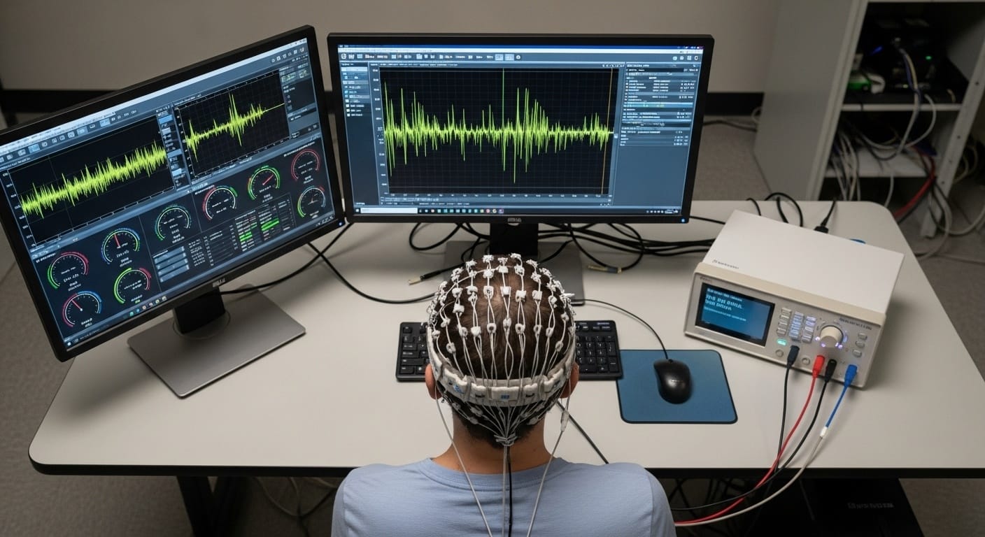 Overhead view of a testing session in progress showing a person wearing an EEG headband at a computer with data charts on second monitor, scientific experiment documentation style