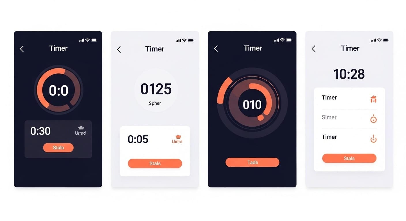 Split-screen showing four different timer app interfaces side by side, each with unique design styles ranging from minimal to colorful