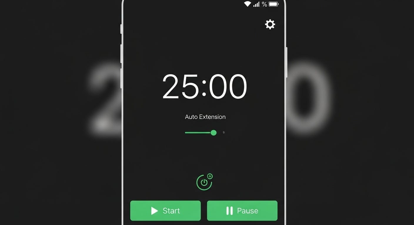 Smartphone screen showing a simple focus timer app with an auto-extension indicator and green accents in a minimalist dark mode interface