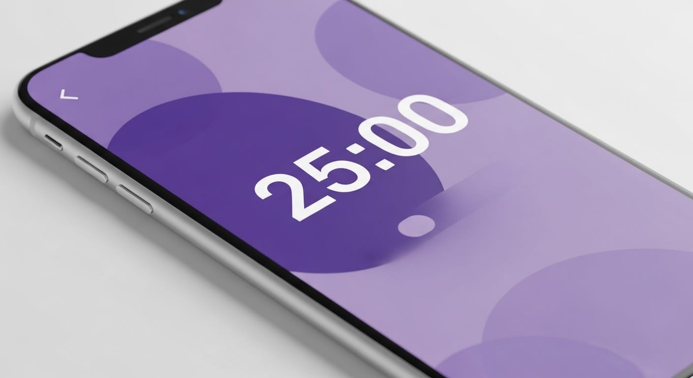 Smartphone displaying a beautiful minimal timer interface with large numbers showing 25:00, featuring a purple and white color scheme with clean design