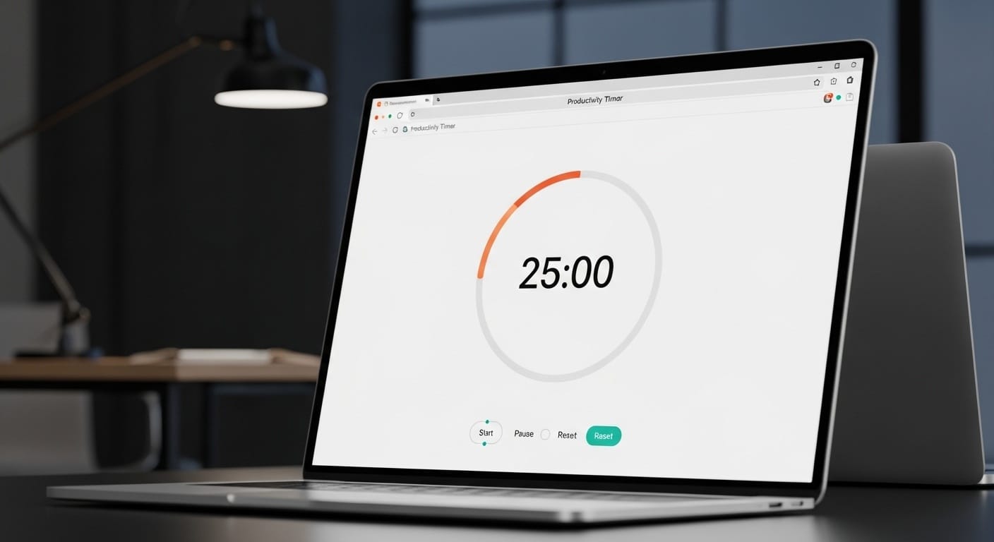 Laptop screen showing a clean web-based timer interface in a browser tab with a large circular countdown display and simple controls