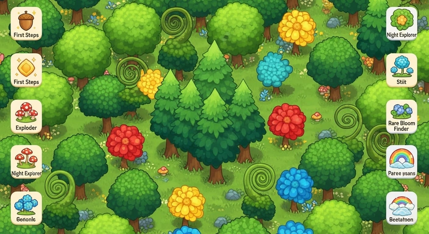 Bird's eye view of a colorful illustrated virtual forest with many different tree species, demonstrating achievement collection visualization