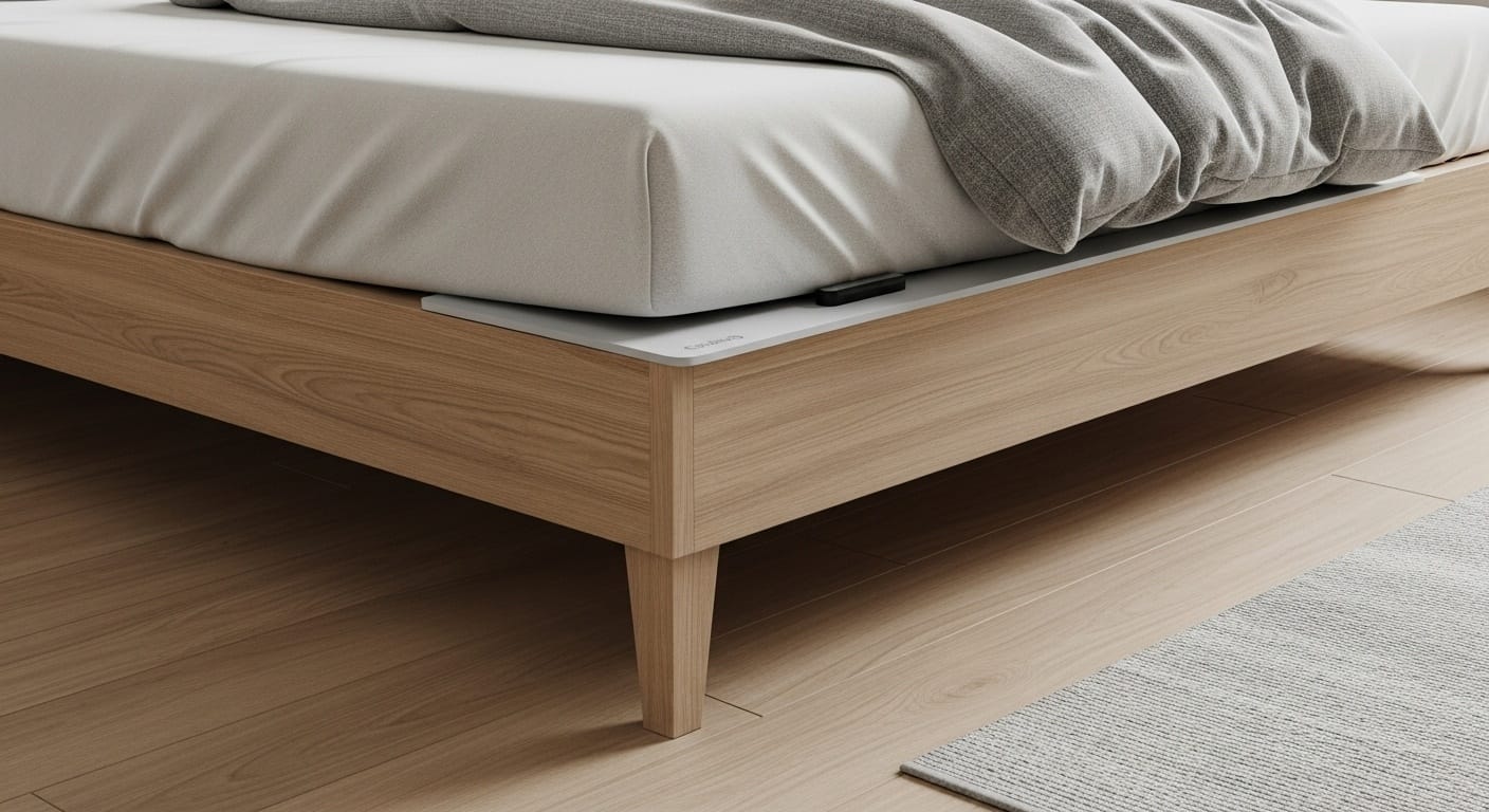 Thin gray sleep tracking mat placed under a mattress in a bedroom context, sleep technology product